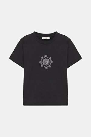 Siyah Bisiklet Yaka Baskılı T-Shirt