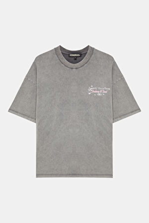 Relax Kalıp Gri Bisiklet Yaka Baskılı T-Shirt