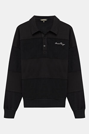 Siyah Relax Kalıp Polo Yaka Sweatshirt