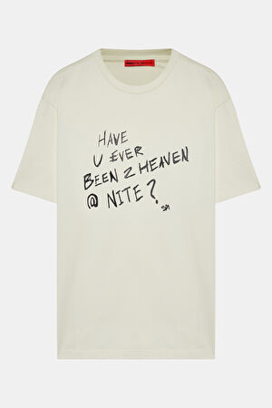 Oversize Ekru Bisiklet Yaka Baskılı T-Shirt