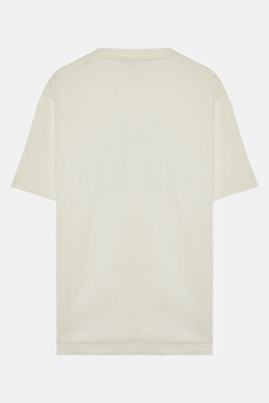 Oversize Ekru Bisiklet Yaka Baskılı T-Shirt_2