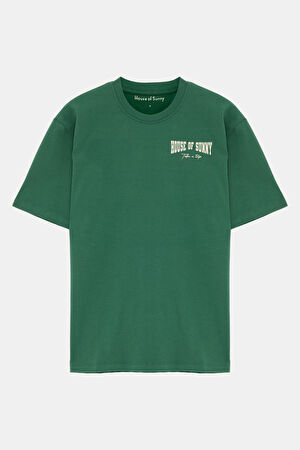 Koyu Yeşil Bisiklet Yaka Baskılı T-Shirt