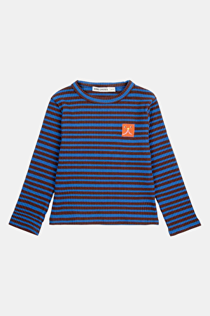 Relax Kalıp Saks O Yaka Çizgili Desenli T-Shirt