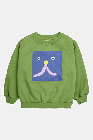 Funny Face Yeşil Relax Kalıp Bisiklet Yaka Sweatshirt