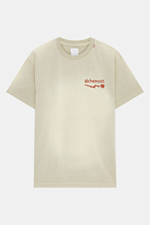 Relax Kalıp Krem Bisiklet Yaka Baskılı T-Shirt