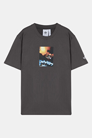 Oversize Antrasit Bisiklet Yaka Baskılı T-Shirt