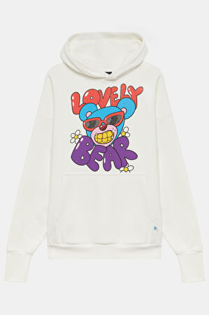 Ekru Relax Kalıp Kapüşonlu Sweatshirt