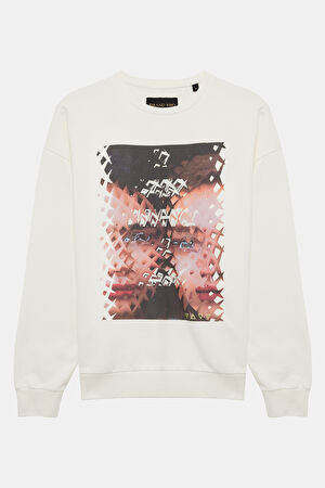 Ekru Relax Kalıp Bisiklet Yaka Sweatshirt