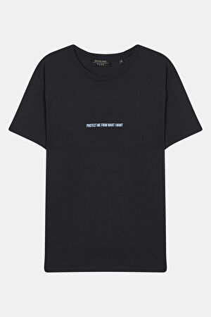 Relax Kalıp Siyah Bisiklet Yaka Baskılı T-Shirt_3
