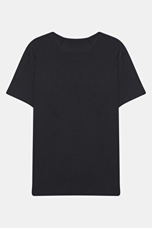 Relax Kalıp Siyah Bisiklet Yaka Baskılı T-Shirt_4