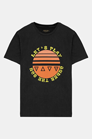 Relax Kalıp Siyah Bisiklet Yaka Baskılı T-Shirt