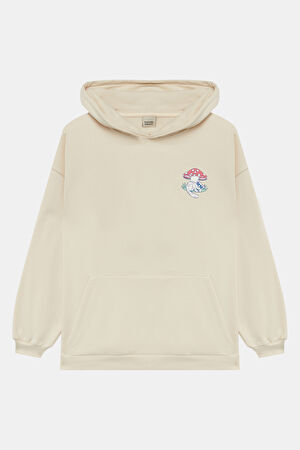 Krem Relax Kalıp Kapüşonlu Sweatshirt