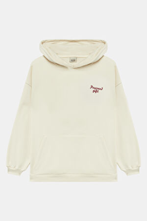 Krem Relax Kalıp Kapüşonlu Sweatshirt