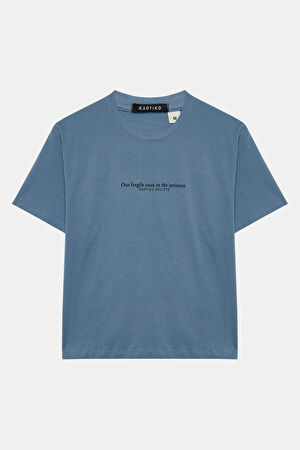 Relax Kalıp Mavi Bisiklet Yaka Baskılı T-Shirt