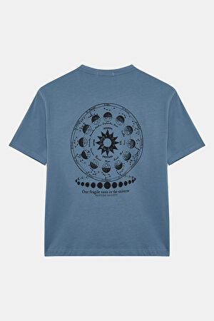 Relax Kalıp Mavi Bisiklet Yaka Baskılı T-Shirt_2