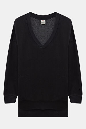 Siyah Relax Kalıp V Yaka Sweatshirt