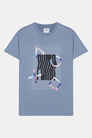 Relax Kalıp Mavi O Yaka Baskılı T-Shirt