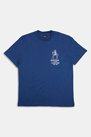Relax Kalıp Saks Bisiklet Yaka Baskılı T-Shirt