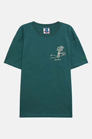 Relax Kalıp Yeşil Bisiklet Yaka Baskılı T-Shirt