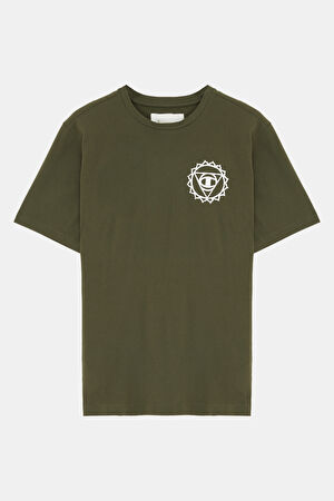 Oversize Haki Bisiklet Yaka Baskılı T-Shirt