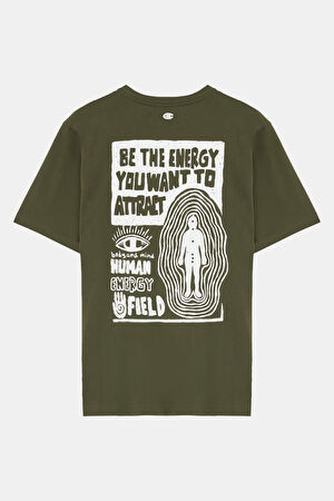 Oversize Haki Bisiklet Yaka Baskılı T-Shirt_2