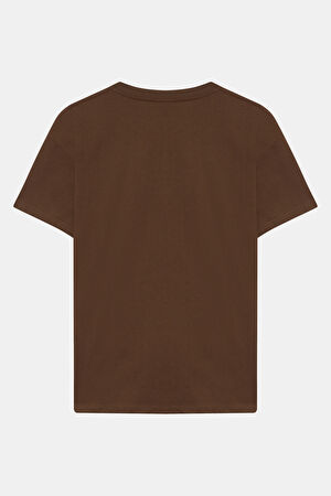 Relax Kalıp Kahve Bisiklet Yaka Nakışlı T-Shirt_2