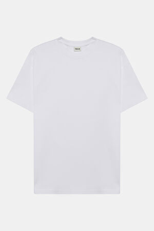 Relax Kalıp Beyaz Bisiklet Yaka Baskılı T-Shirt
