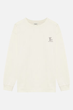 Relax Kalıp Krem Bisiklet Yaka Nakışlı T-Shirt