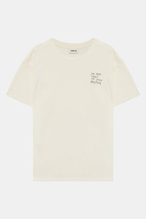 Relax Kalıp Beyaz Bisiklet Yaka Baskılı T-Shirt