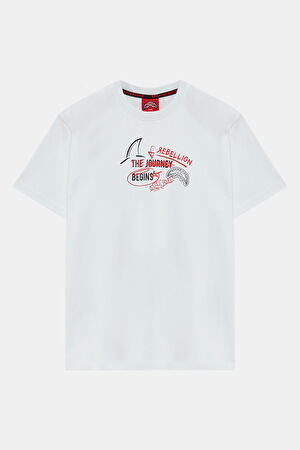 Relax Kalıp Beyaz Bisiklet Yaka Baskılı T-Shirt