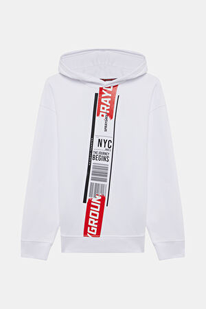 Beyaz Relax Kalıp Kapüşonlu Sweatshirt