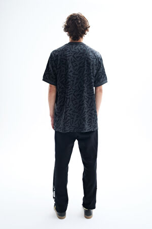 Oversize Antrasit V Yaka Desenli T-Shirt_2