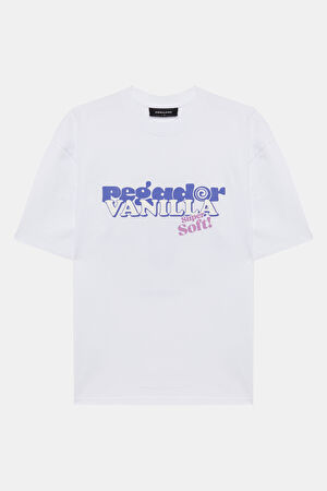 Oversize Beyaz Bisiklet Yaka Baskılı T-Shirt