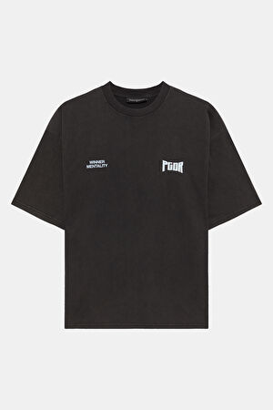 Oversize Antrasit Bisiklet Yaka Baskılı T-Shirt