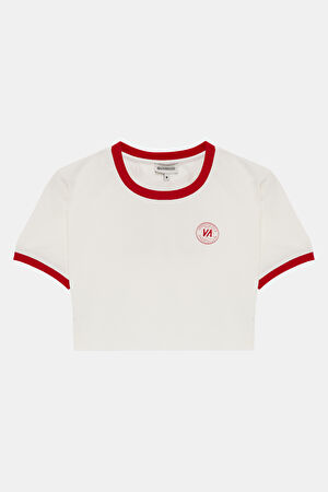 Ekru Bisiklet Yaka Baskılı T-Shirt