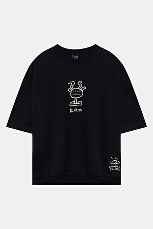 Relax Kalıp Siyah Bisiklet Yaka Baskılı T-Shirt