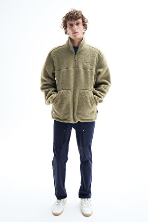 Relax Kalıp Haki Dik Yaka Sweatshirt