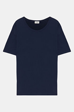 Oversize Lacivert Bisiklet Yaka T-Shirt