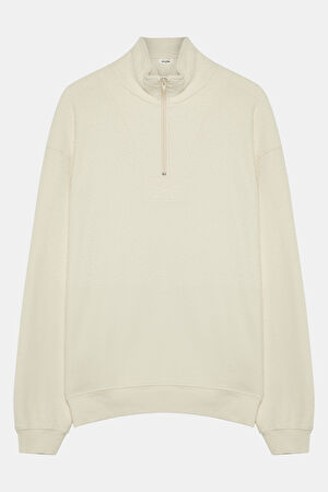 Ekru Relax Kalıp Dik Yaka Sweatshirt