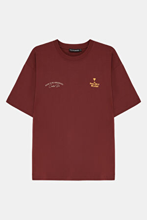 Relax Kalıp Bordo Bisiklet Yaka Baskılı T-Shirt