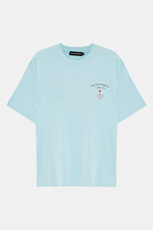 Relax Kalıp Açık Mavi Bisiklet Yaka Baskılı T-Shirt