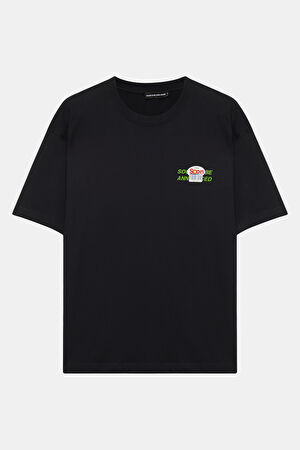 Relax Kalıp Siyah Bisiklet Yaka Baskılı T-Shirt