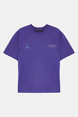 Relax Kalıp Mor Bisiklet Yaka Baskılı T-Shirt