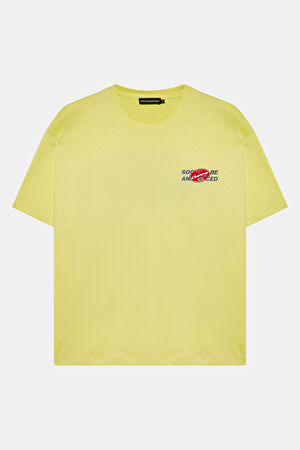 Relax Kalıp Sarı Bisiklet Yaka Baskılı T-Shirt