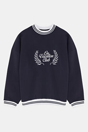 Lacivert Relax Kalıp Bisiklet Yaka Sweatshirt