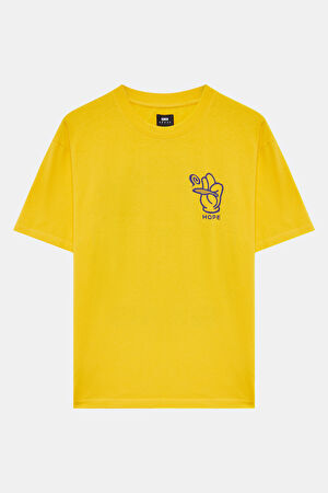 Relax Kalıp Sarı Bisiklet Yaka Baskılı T-Shirt