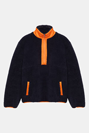 Lacivert Relax Kalıp Dik Yaka Sweatshirt