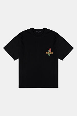 Liliaceae Relax Kalıp Siyah Bisiklet Yaka Baskılı T-Shirt