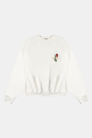 Liliaceae Ekru Relax Kalıp Bisiklet Yaka Sweatshirt
