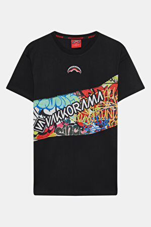 Relax Kalıp Siyah Bisiklet Yaka Baskılı T-Shirt